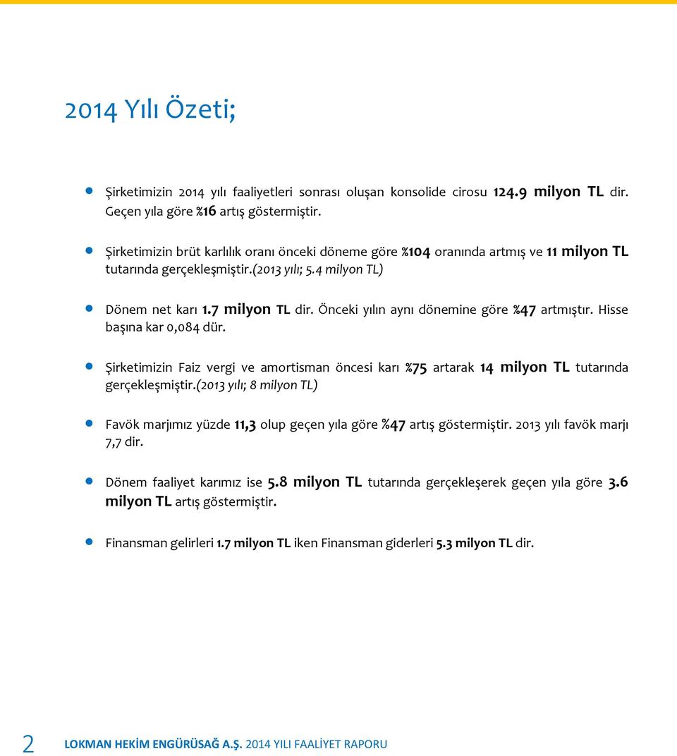 Önceki yılın aynı dönemine göre %47 artmıştır. Hisse başına kar 0,084 dür. Şirketimizin Faiz vergi ve amortisman öncesi karı %75 artarak 14 milyon TL tutarında gerçekleşmiştir.