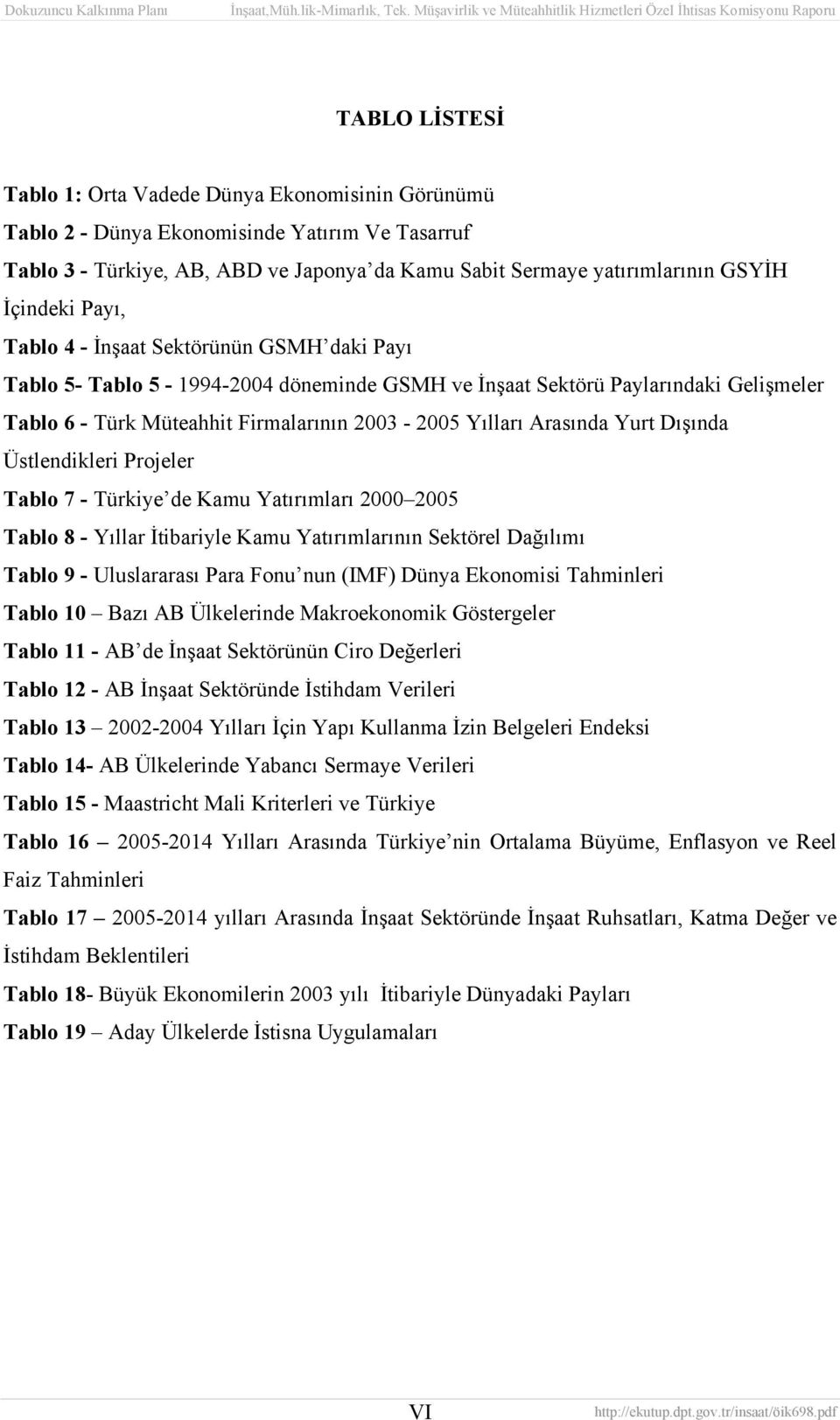 Arasında Yurt Dışında Üstlendikleri Projeler Tablo 7 - Türkiye de Kamu Yatırımları 2000 2005 Tablo 8 - Yıllar İtibariyle Kamu Yatırımlarının Sektörel Dağılımı Tablo 9 - Uluslararası Para Fonu nun