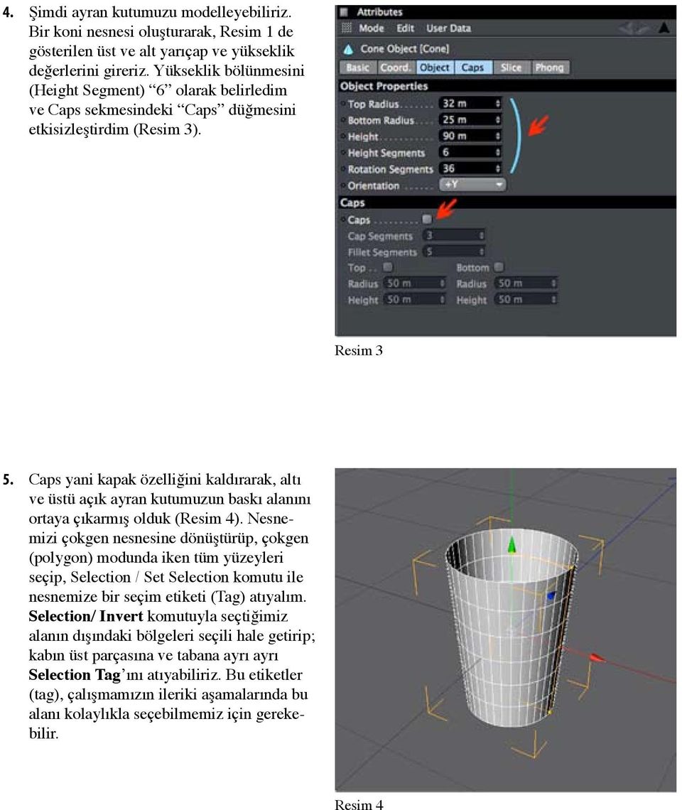 Caps yani kapak özelliğini kaldırarak, altı ve üstü açık ayran kutumuzun baskı alanını ortaya çıkarmış olduk (Resim 4).