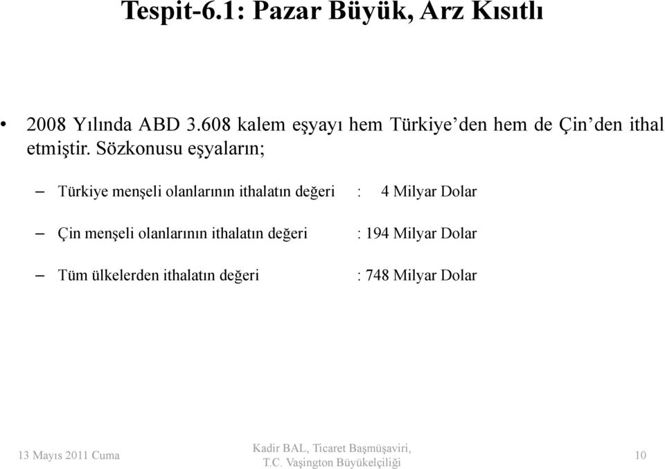 ti Sözkonusu eşyaların; Türkiye menşeli olanlarının ithalatın değeri : 4 Milyar