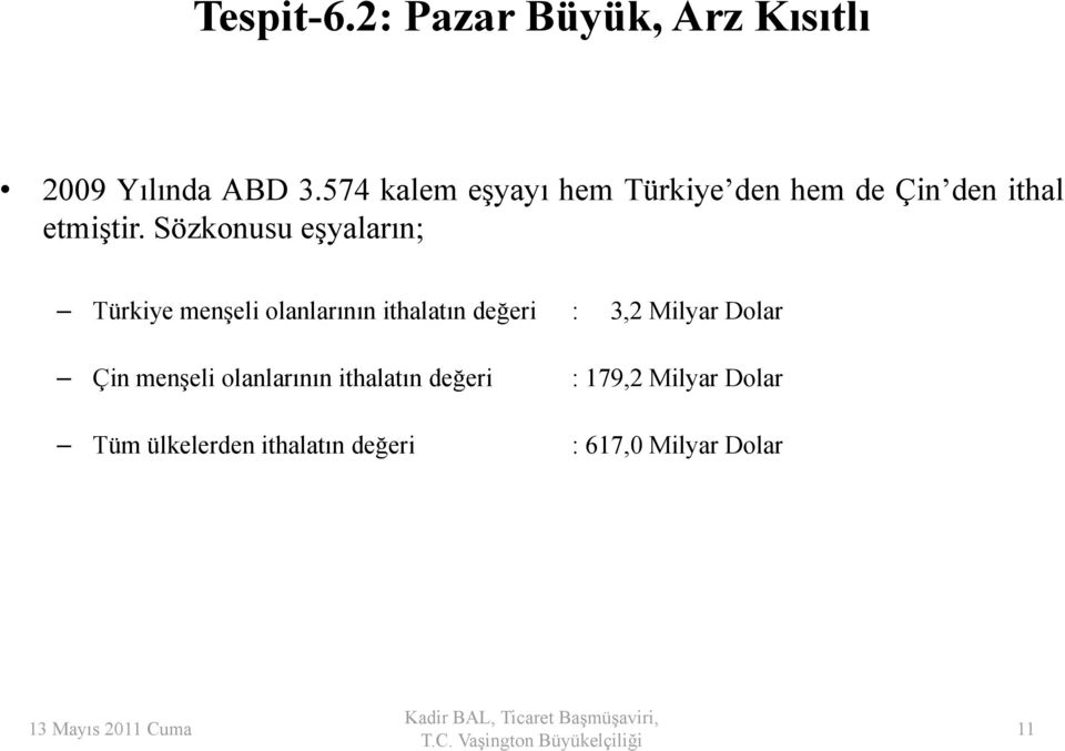 Sözkonusu eşyaların; Türkiye menşeli olanlarının ithalatın değeri : 3,2 Milyar Dolar