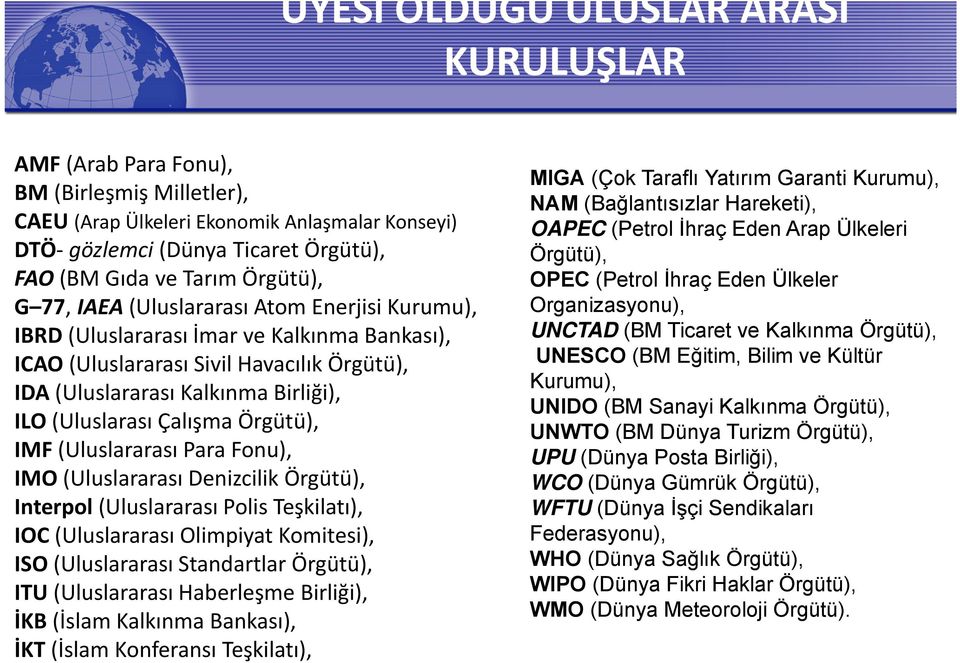 Çalışma Örgütü), IMF (Uluslararası Para Fonu), IMO (Uluslararası Denizcilik Örgütü), Interpol (Uluslararası Polis Teşkilatı), IOC (Uluslararası Olimpiyat Komitesi), ISO (Uluslararası Standartlar