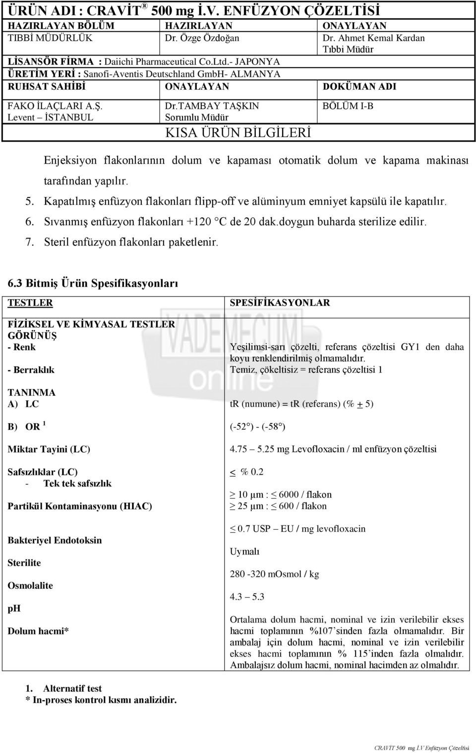 3 Bitmiş Ürün Spesifikasyonları TESTLER FİZİKSEL VE KİMYASAL TESTLER GÖRÜNÜŞ - Renk - Berraklık TANINMA A) LC B) OR 1 Miktar Tayini (LC) Safsızlıklar (LC) - Tek tek safsızlık Partikül Kontaminasyonu