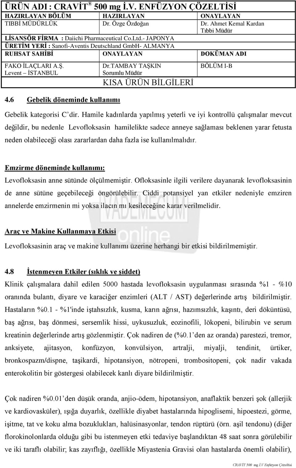 daha fazla ise kullanılmalıdır. Emzirme döneminde kullanımı: Levofloksasin anne sütünde ölçülmemiştir. Ofloksasinle ilgili verilere dayanarak levofloksasinin de anne sütüne geçebileceği öngörülebilir.