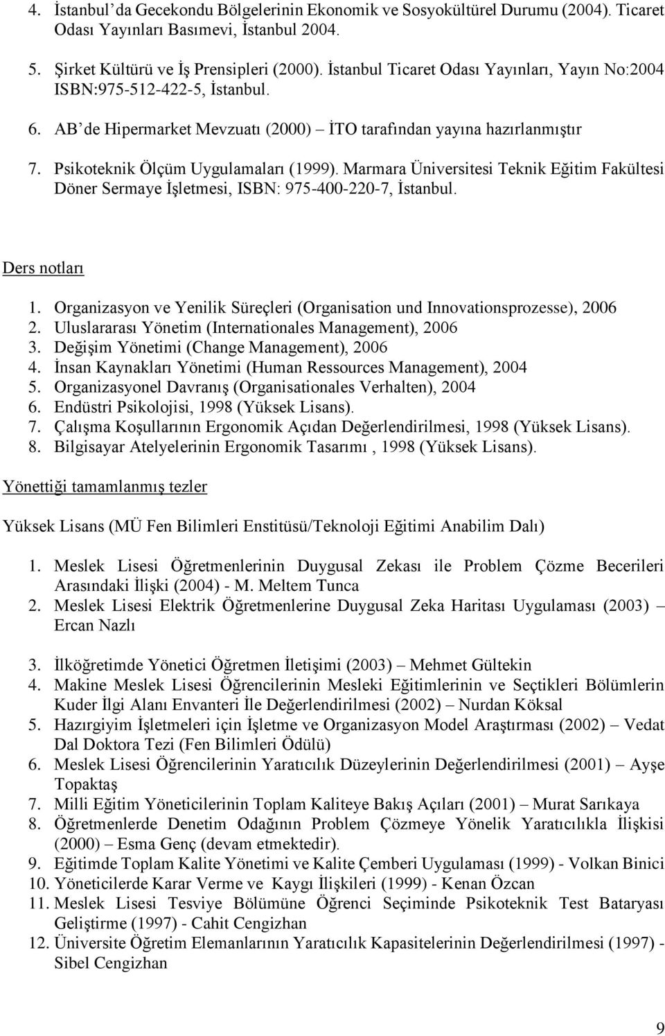 Teknik Eğitim Fakültesi Döner Sermaye İşletmesi, ISBN: 975-400-220-7, İstanbul. Ders notları 1. Organizasyon ve Yenilik Süreçleri (Organisation und Innovationsprozesse), 2006 2.