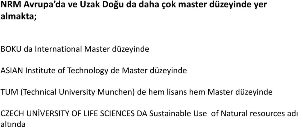 düzeyinde TUM (Technical University Munchen) de hem lisans hem Master