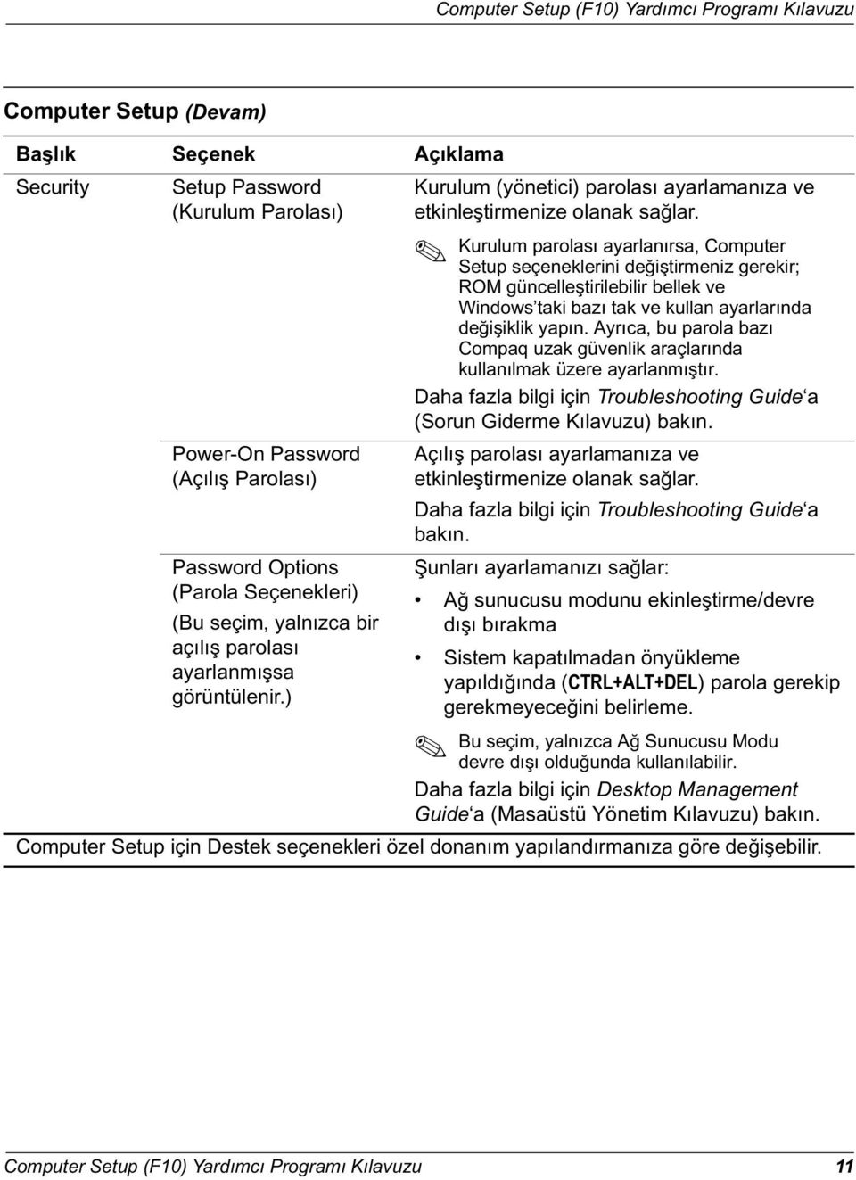 Kurulum parolası ayarlanırsa, Computer Setup seçeneklerini değiştirmeniz gerekir; ROM güncelleştirilebilir bellek ve Windows taki bazı tak ve kullan ayarlarında değişiklik yapın.