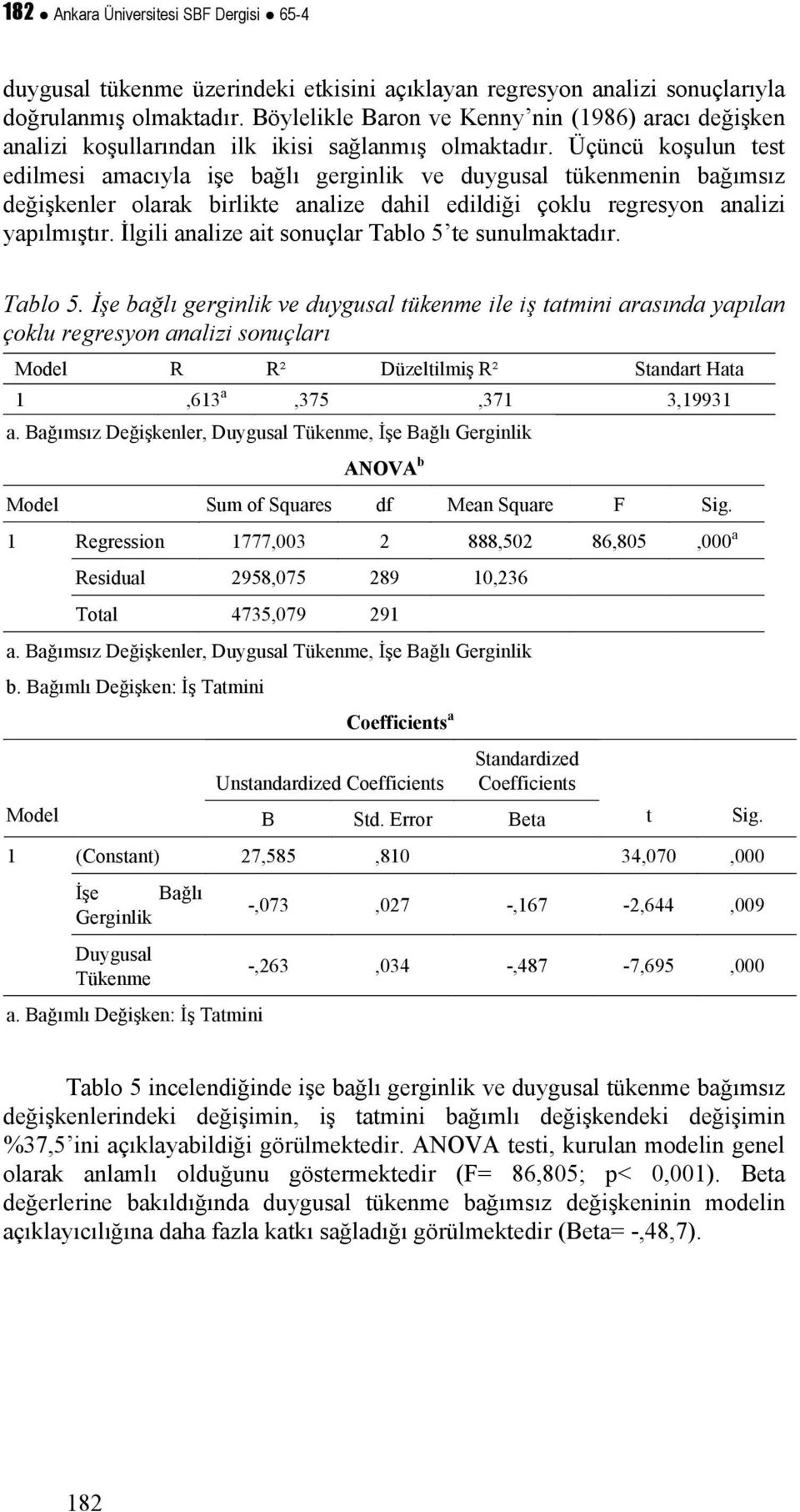 Üçüncü koşulun test edilmesi amacıyla işe bağlı gerginlik ve duygusal tükenmenin bağımsız değişkenler olarak birlikte analize dahil edildiği çoklu regresyon analizi yapılmıştır.