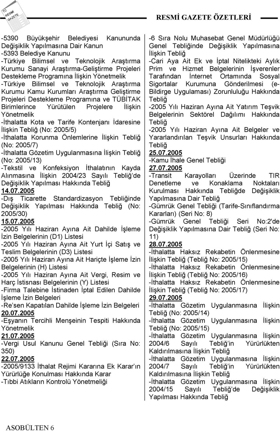 Yürütülen Projelere İlişkin Yönetmelik -İthalatta Kota ve Tarife Kontenjanı İdaresine İlişkin Tebliğ (No: 2005/5) -İthalatta Korunma Önlemlerine İlişkin Tebliğ (No: 2005/7) Tebliğ (No: 2005/13)