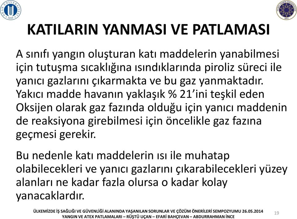 Yakıcı madde havanın yaklaşık % 21 ini teşkil eden Oksijen olarak gaz fazında olduğu için yanıcı maddenin de reaksiyona girebilmesi