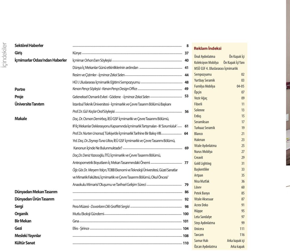 Uluslararası İçmimarlık Eğitimi Sempozyumu 48 Portre Kenan Pençe Söyleşisi - Kenan Pençe Design Office 49 Proje Geleneksel Osmanlı Evleri - Gödene - İçmimar Zekai Selen 53 Üniversite Tanıtım İstanbul