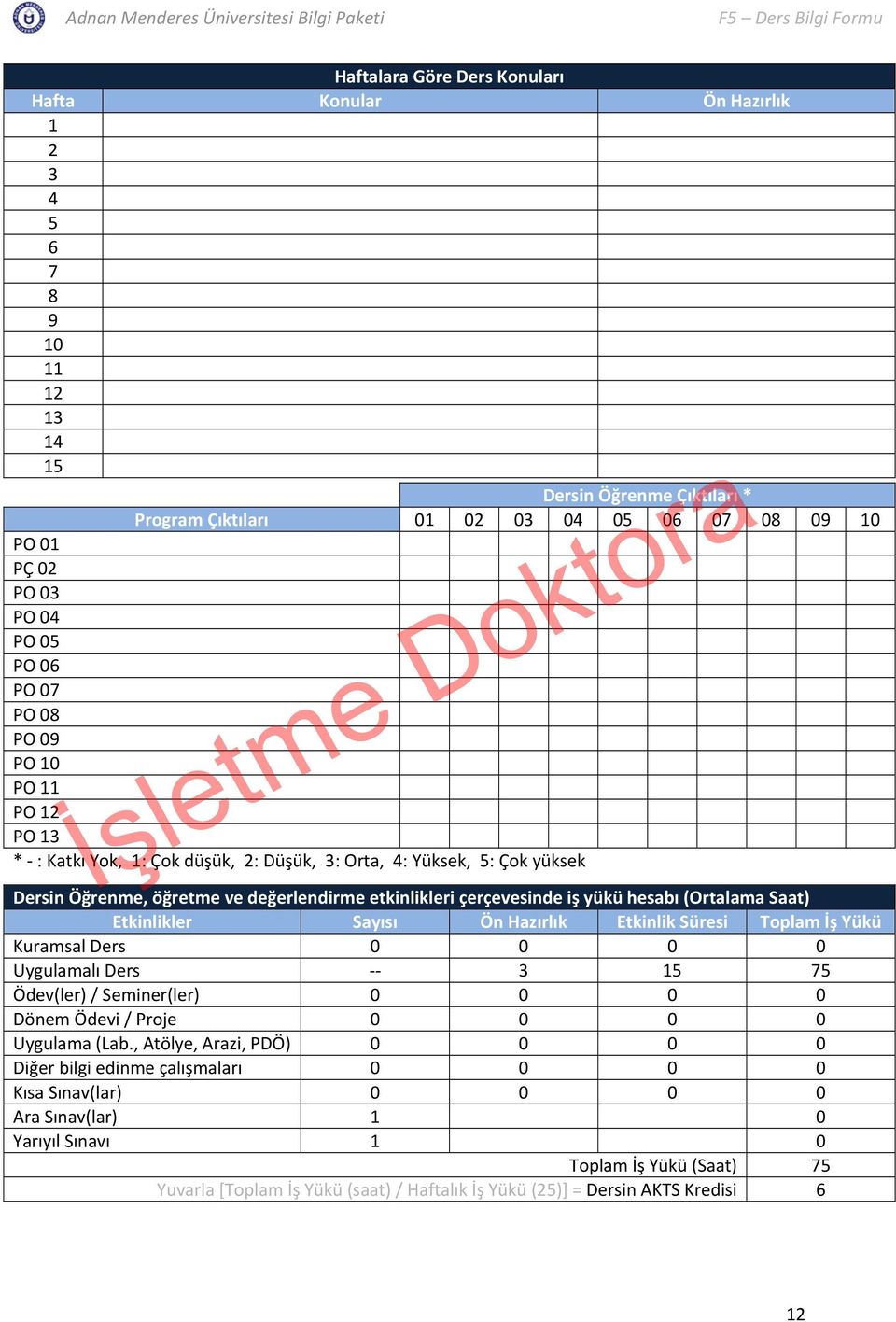 çerçevesinde iş yükü hesabı (Ortalama Saat) Etkinlikler Sayısı Ön Hazırlık Etkinlik Süresi Toplam İş Yükü Kuramsal Ders 0 0 0 0 Uygulamalı Ders 3 15 75 Ödev(ler) / Seminer(ler) 0 0 0 0 Dönem Ödevi /