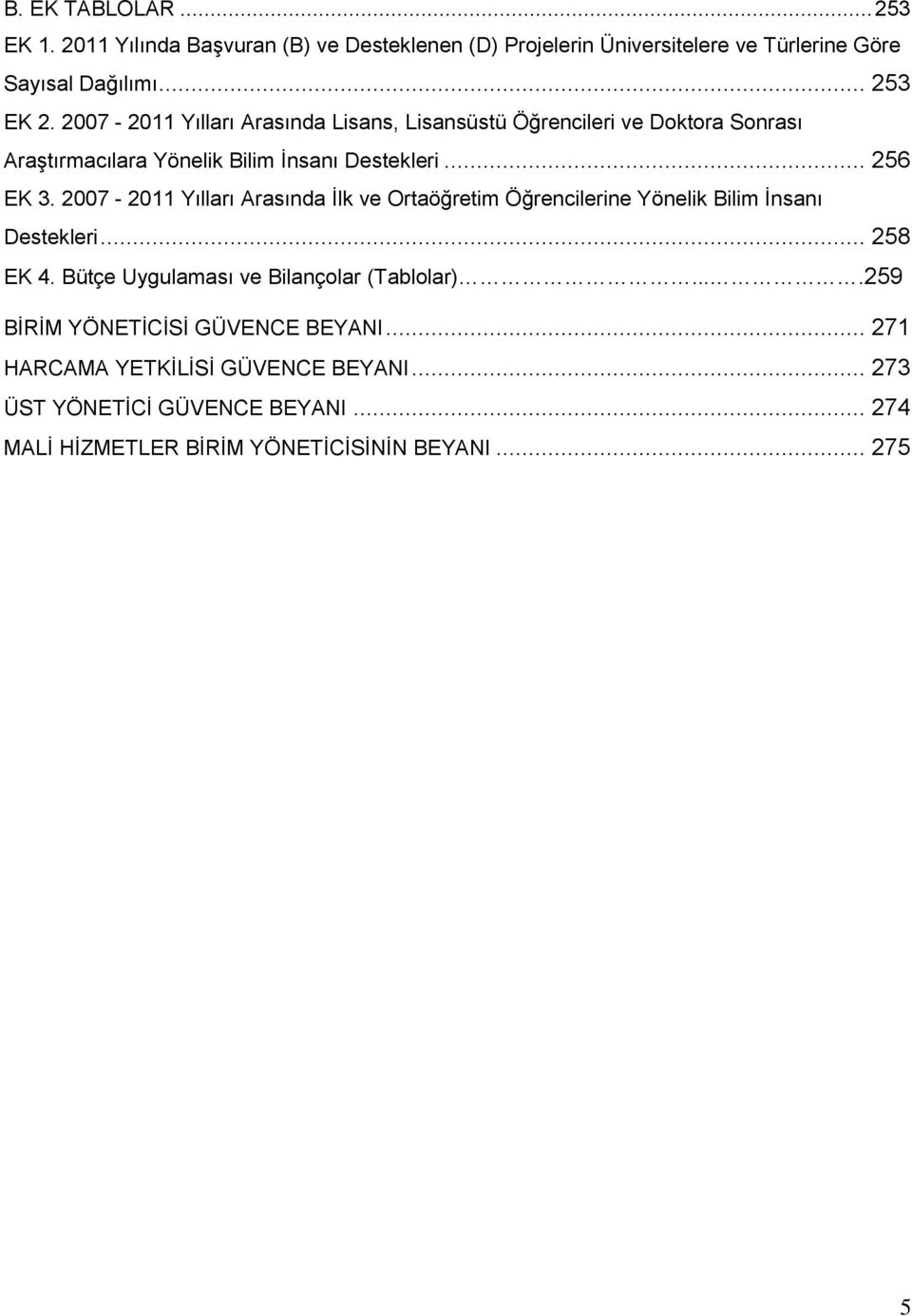 2007-2011 Yılları Arasında İlk ve Ortaöğretim Öğrencilerine Yönelik Bilim İnsanı Destekleri... 258 EK 4. Bütçe Uygulaması ve Bilançolar (Tablolar).