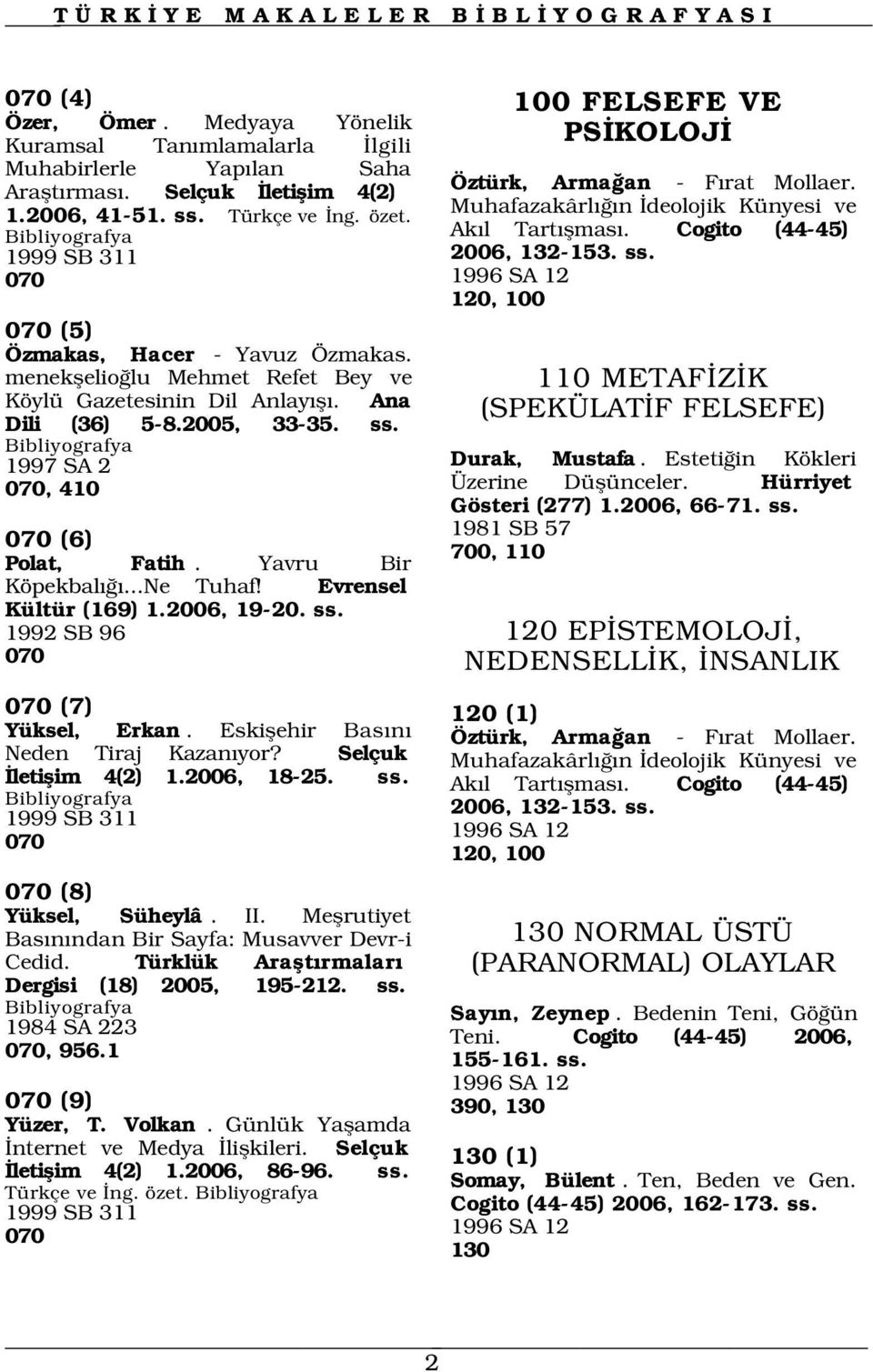 Yavru Bir Köpekbal...Ne Tuhaf! Evrensel Kültür (169) 1.2006, 19-20. ss. 1992 SB 96 070 Öztürk, Arma an - F rat Mollaer. Muhafazakârl n deolojik Künyesi ve Ak l Tart flmas.