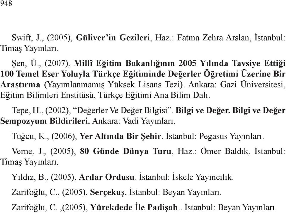 Ankara: Gazi Üniversitesi, Eğitim Bilimleri Enstitüsü, Türkçe Eğitimi Ana Bilim Dalı. Tepe, H., (2002), Değerler Ve Değer Bilgisi. Bilgi ve Değer. Bilgi ve Değer Sempozyum Bildirileri.