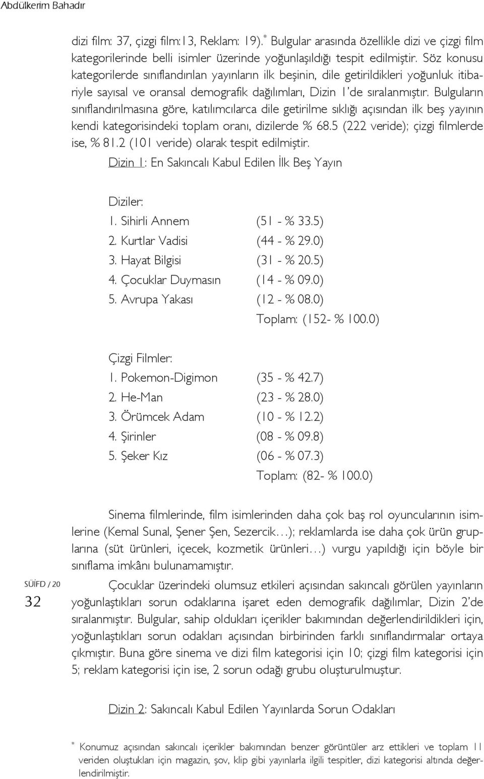 Bulguların sınıflandırılmasına göre, katılımcılarca dile getirilme sıklığı açısından ilk beş yayının kendi kategorisindeki toplam oranı, dizilerde % 68.5 (222 veride); çizgi filmlerde ise, % 81.