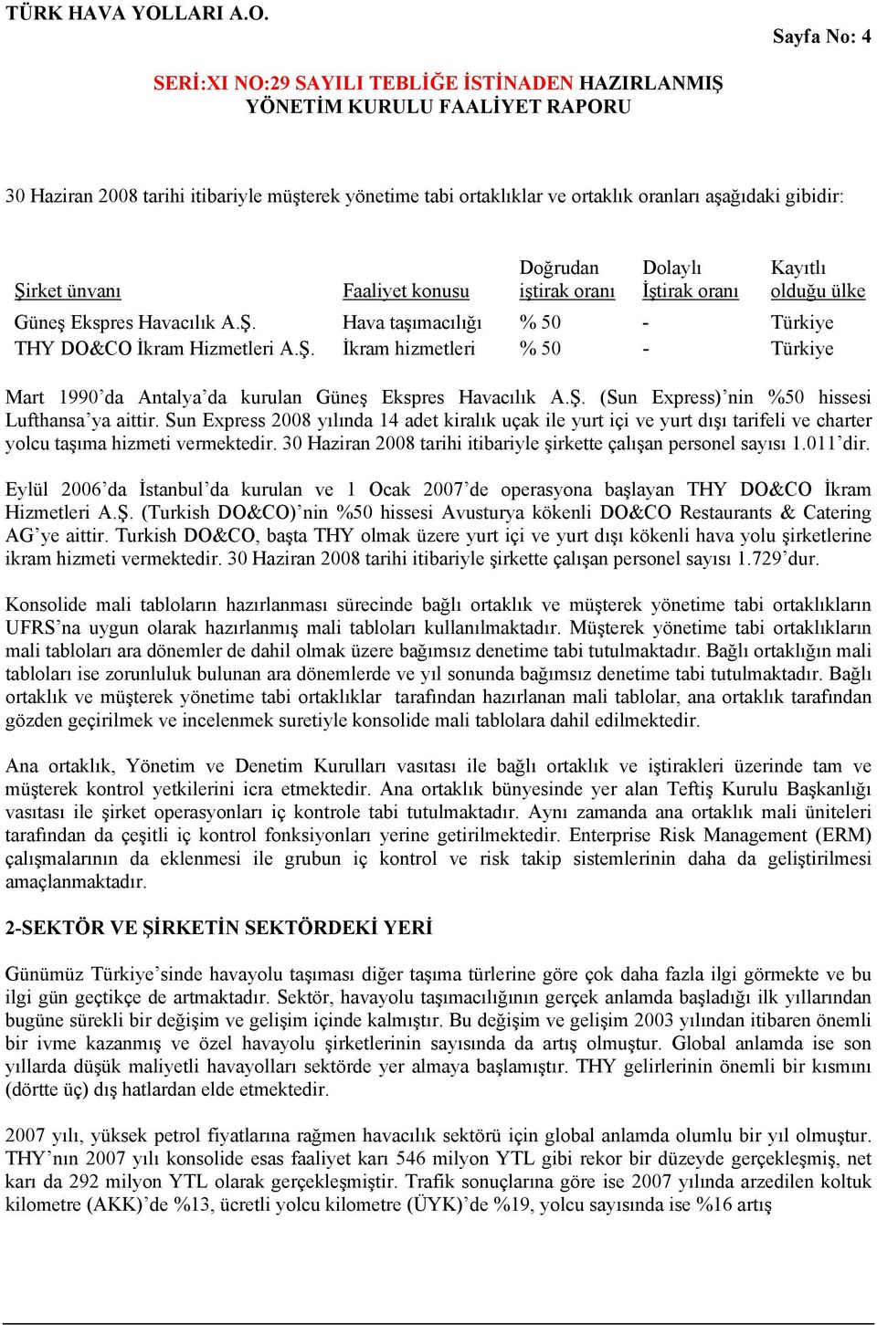 30 Haziran 2008 tarihi itibariyle şirkette çalışan personel sayısı 1.011 dir. Eylül 2006 da İstanbul da kurulan ve 1 Ocak 2007 de operasyona başlayan THY DO&CO İkram Hizmetleri A.Ş.