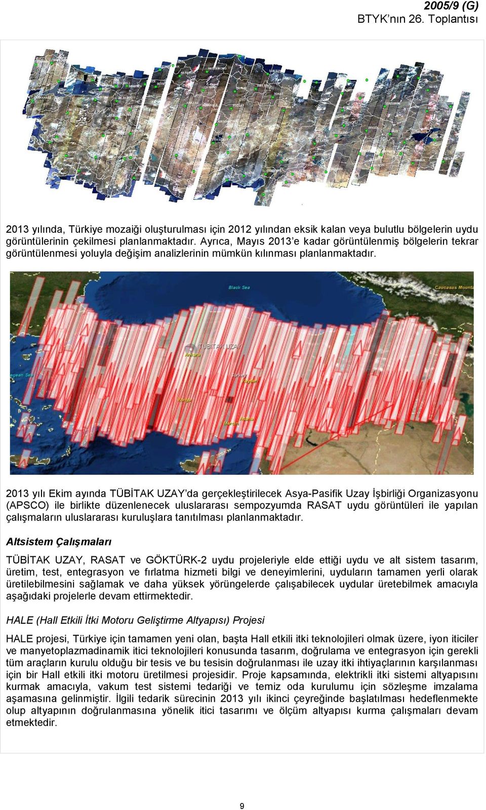 2013 yılı Ekim ayında TÜBİTAK UZAY da gerçekleştirilecek Asya-Pasifik Uzay İşbirliği Organizasyonu (APSCO) ile birlikte düzenlenecek uluslararası sempozyumda RASAT uydu görüntüleri ile yapılan