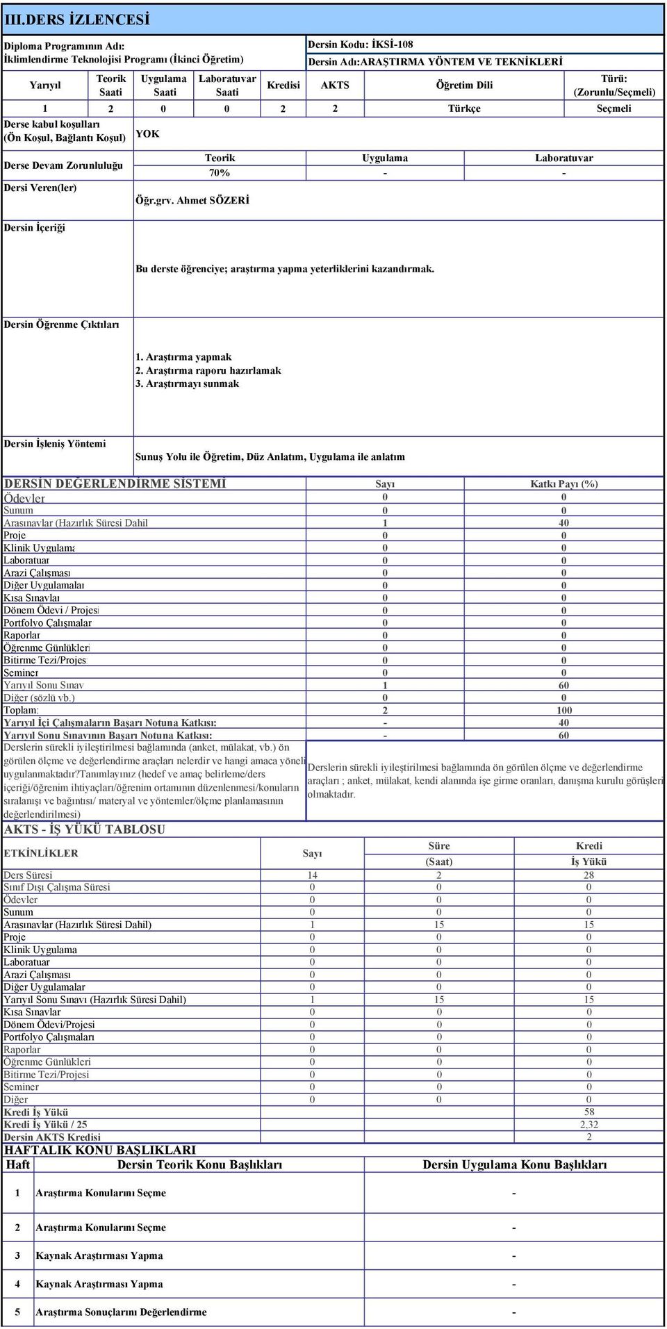 Ahmet SÖZERİ Dersin Kodu: İKSİ108 Dersin Adı:ARAŞTIRMA YÖNTEM VE TEKNİKLERİ Kredisi AKTS Öğretim Dili Teorik Uygulama Laboratuvar 0% Türü: (Zorunlu/Seçmeli) Seçmeli Bu derste öğrenciye; araştırma