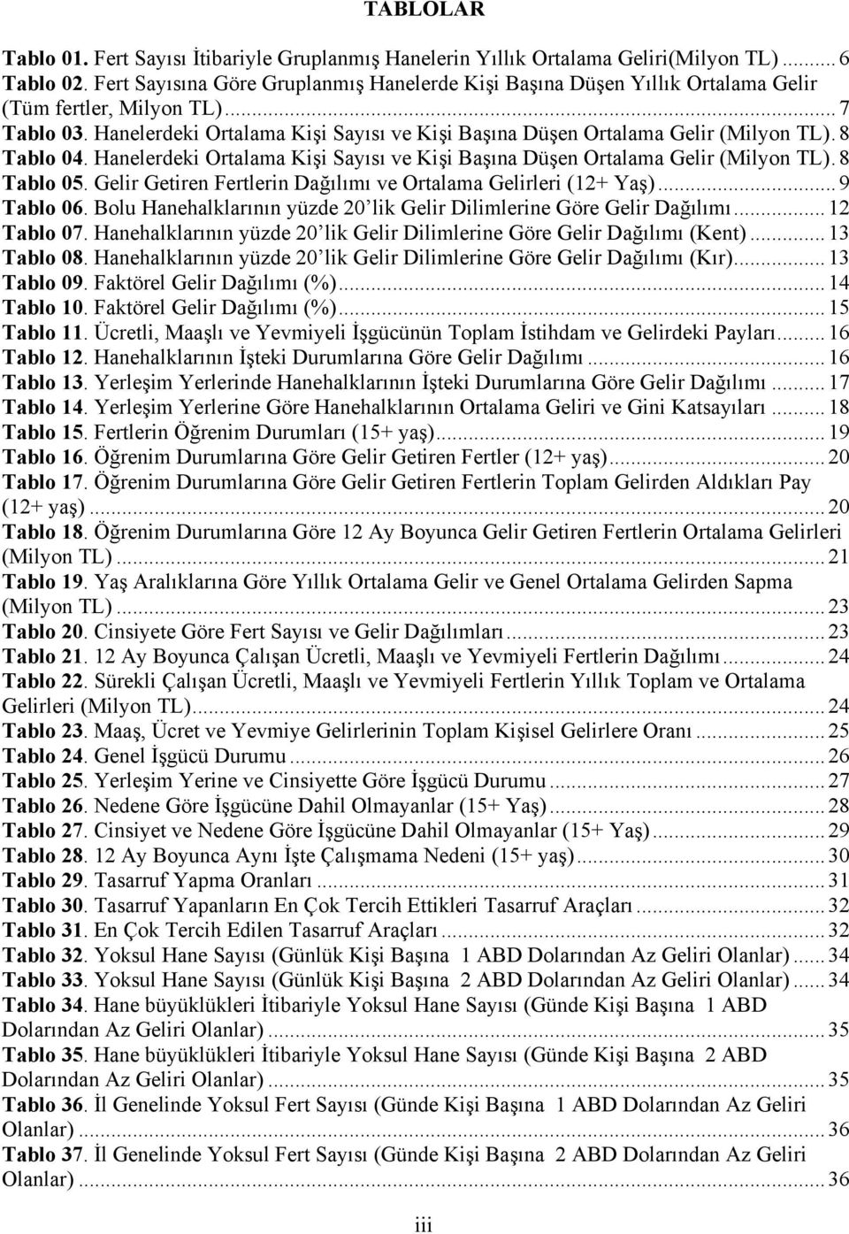 8 Tablo 04. Hanelerdeki Ortalama Kişi Sayısı ve Kişi Başına Düşen Ortalama Gelir (Milyon TL).8 Tablo 05. Gelir Getiren Fertlerin Dağılımı ve Ortalama Gelirleri (12+ Yaş)...9 Tablo 06.