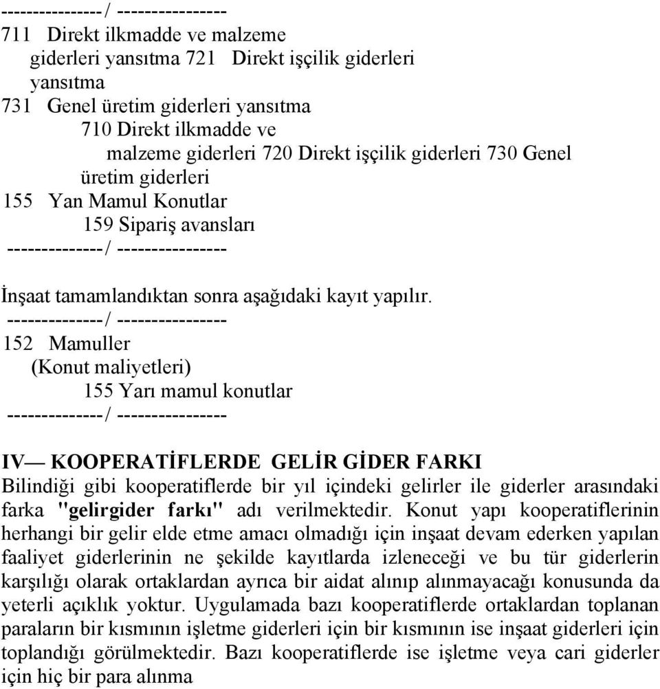 -------------- / ---------------- 152 Mamuller (Konut maliyetleri) 155 Yarı mamul konutlar -------------- / ---------------- IV KOOPERATİFLERDE GELİR GİDER FARKI Bilindiği gibi kooperatiflerde bir