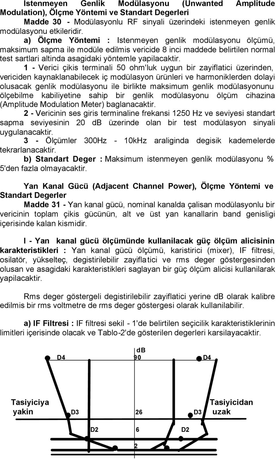 1 - Verici çikis terminali 50 ohm'luk uygun bir zayiflatici üzerinden, vericiden kaynaklanabilecek iç modülasyon ürünleri ve harmoniklerden dolayi olusacak genlik modülasyonu ile birlikte maksimum