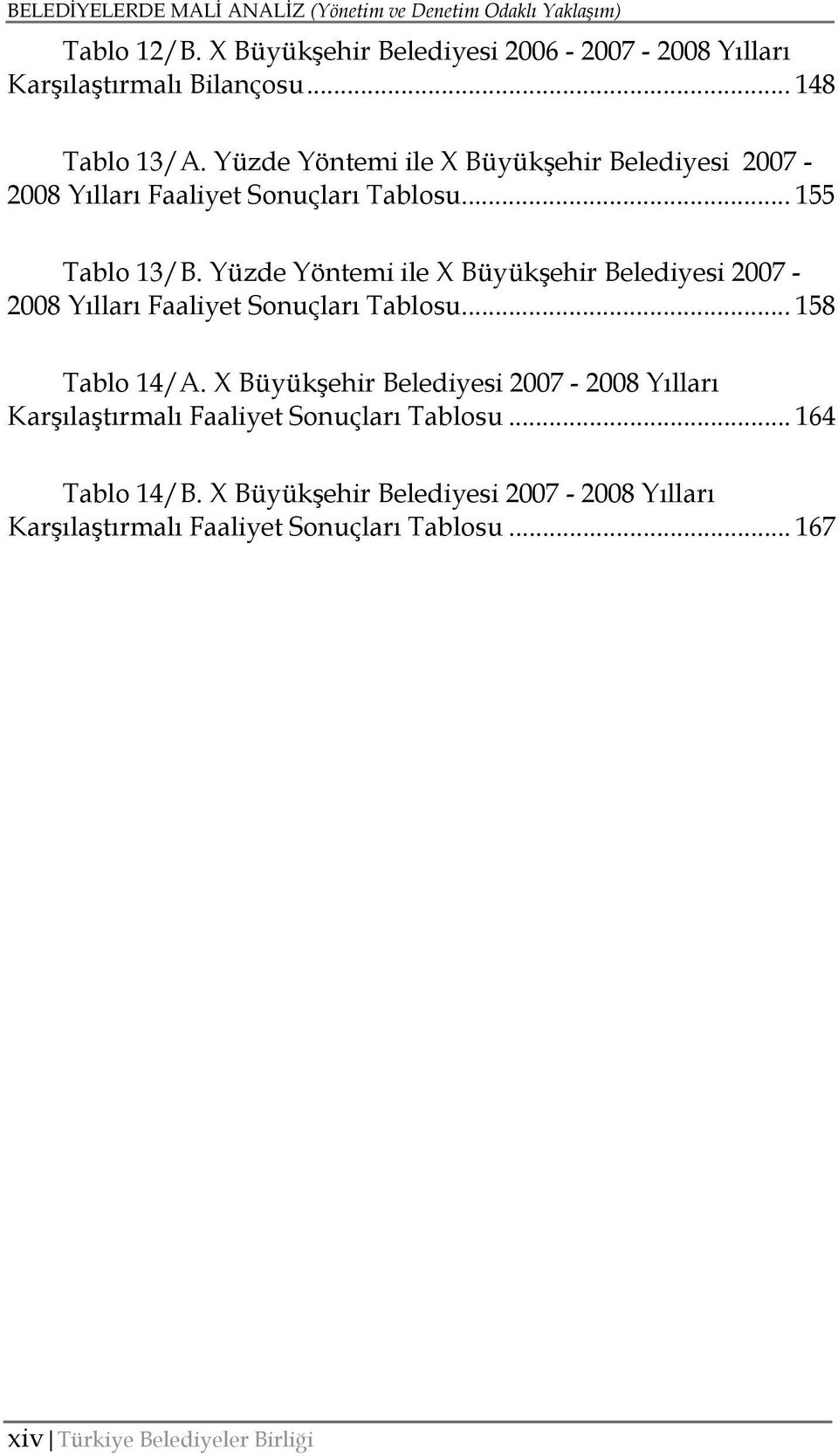 Yüzde Yöntemi ile X Büyükşehir Belediyesi 2007-2008 Yılları Faaliyet Sonuçları Tablosu... 158 Tablo 14/A.