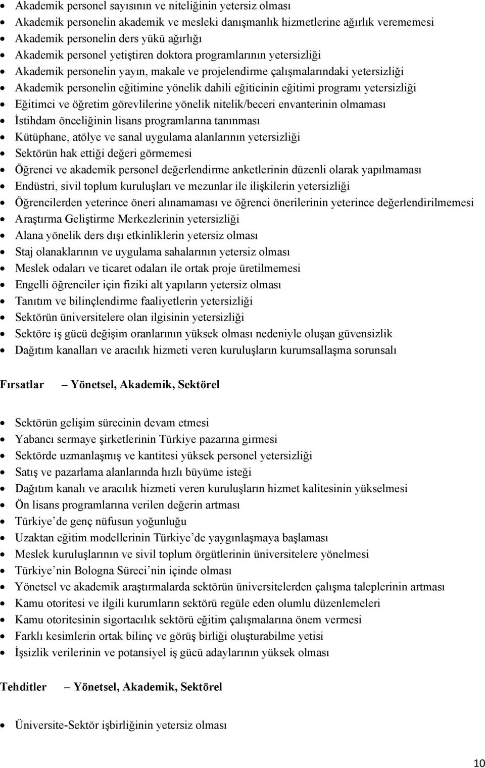 programı yetersizliği Eğitimci ve öğretim görevlilerine yönelik nitelik/beceri envanterinin olmaması İstihdam önceliğinin lisans programlarına tanınması Kütüphane, atölye ve sanal uygulama