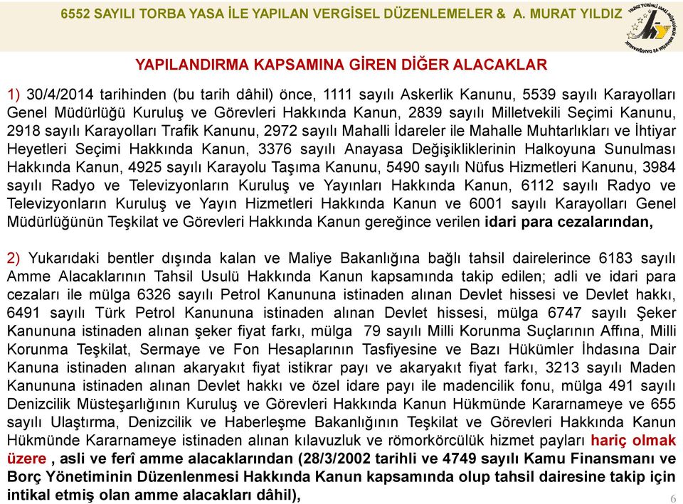 Değişikliklerinin Halkoyuna Sunulması Hakkında Kanun, 4925 sayılı Karayolu Taşıma Kanunu, 5490 sayılı Nüfus Hizmetleri Kanunu, 3984 sayılı Radyo ve Televizyonların Kuruluş ve Yayınları Hakkında