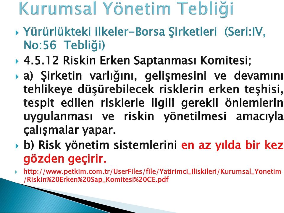 12 Riskin Erken Saptanması Komitesi; a) Şirketin varlığını, gelişmesini ve devamını tehlikeye düşürebilecek risklerin erken