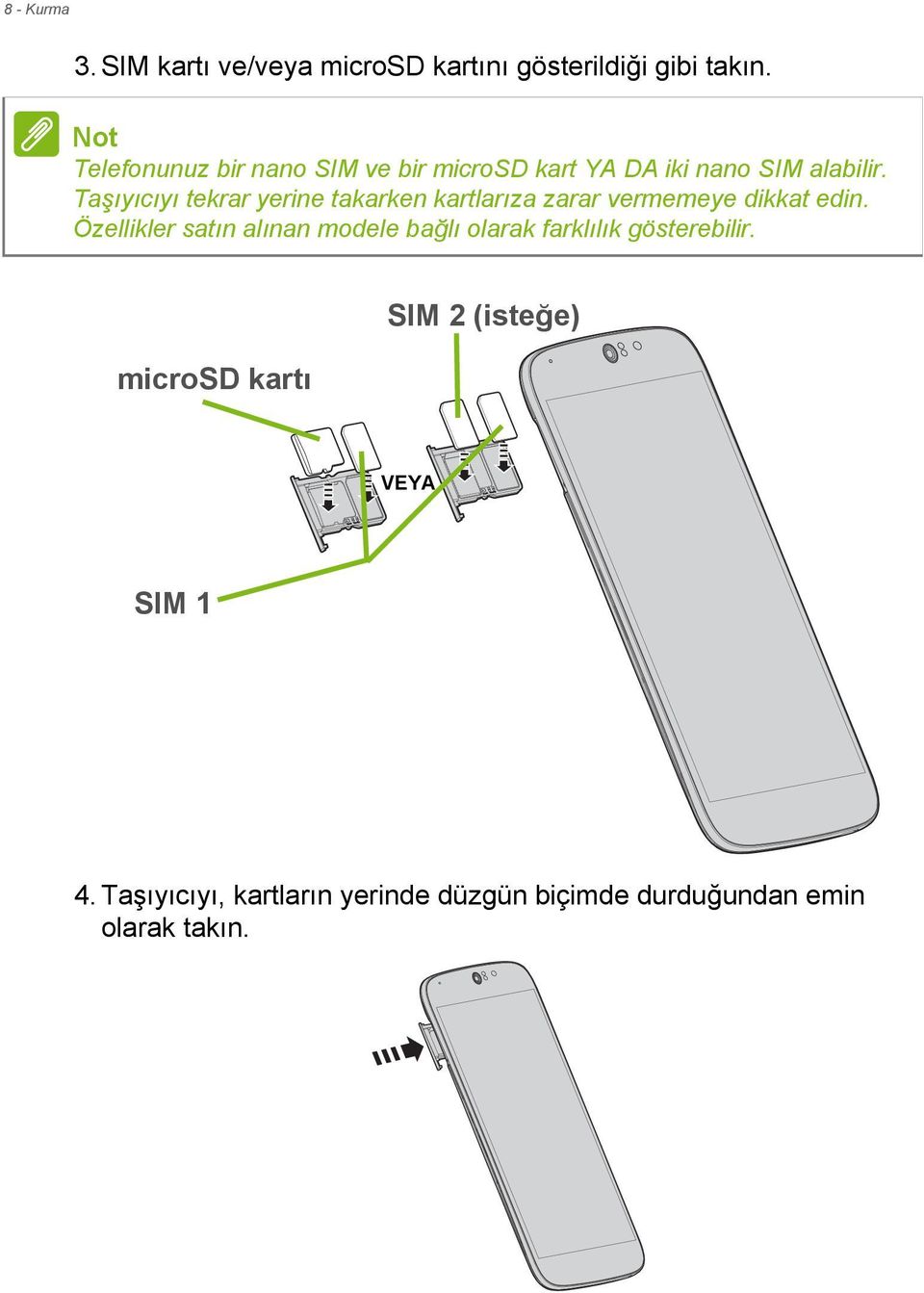 Taşıyıcıyı tekrar yerine takarken kartlarıza zarar vermemeye dikkat edin.