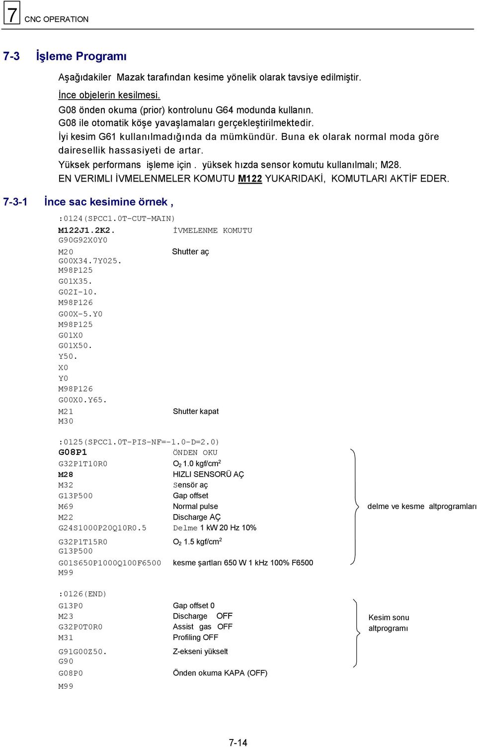 Yüksek performans işleme için. yüksek hızda sensor komutu kullanılmalı; M28. EN VERIMLI İVMELENMELER KOMUTU M122 YUKARIDAKİ, KOMUTLARI AKTİF EDER. 7-3-1 İnce sac kesimine örnek, 0124(SPCC1.
