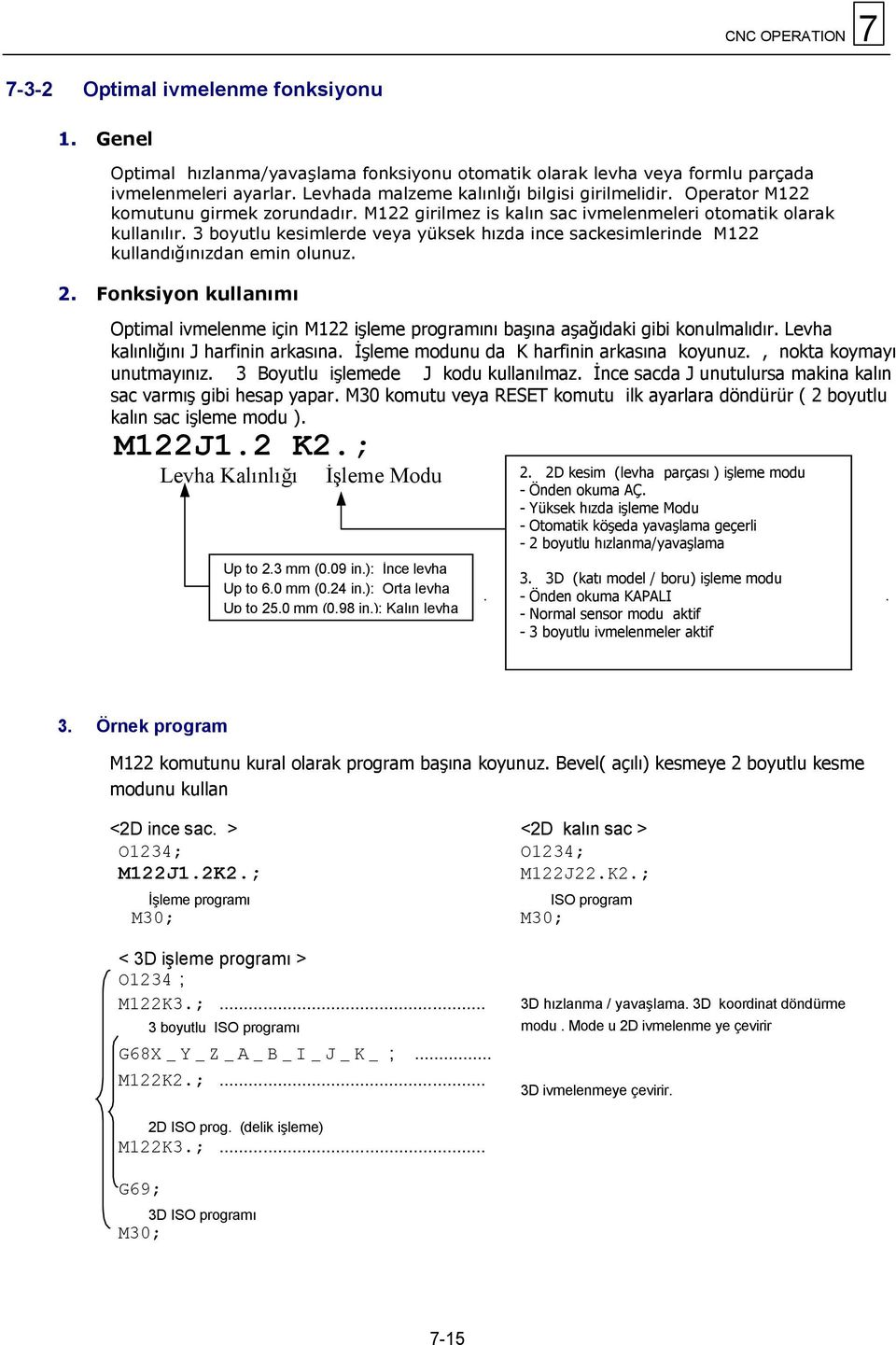 3 boyutlu kesimlerde veya yüksek hızda ince sackesimlerinde M122 kullandığınızdan emin olunuz. 2. Fonksiyon kullanımı Optimal ivmelenme için M122 işleme programını başına aşağıdaki gibi konulmalıdır.