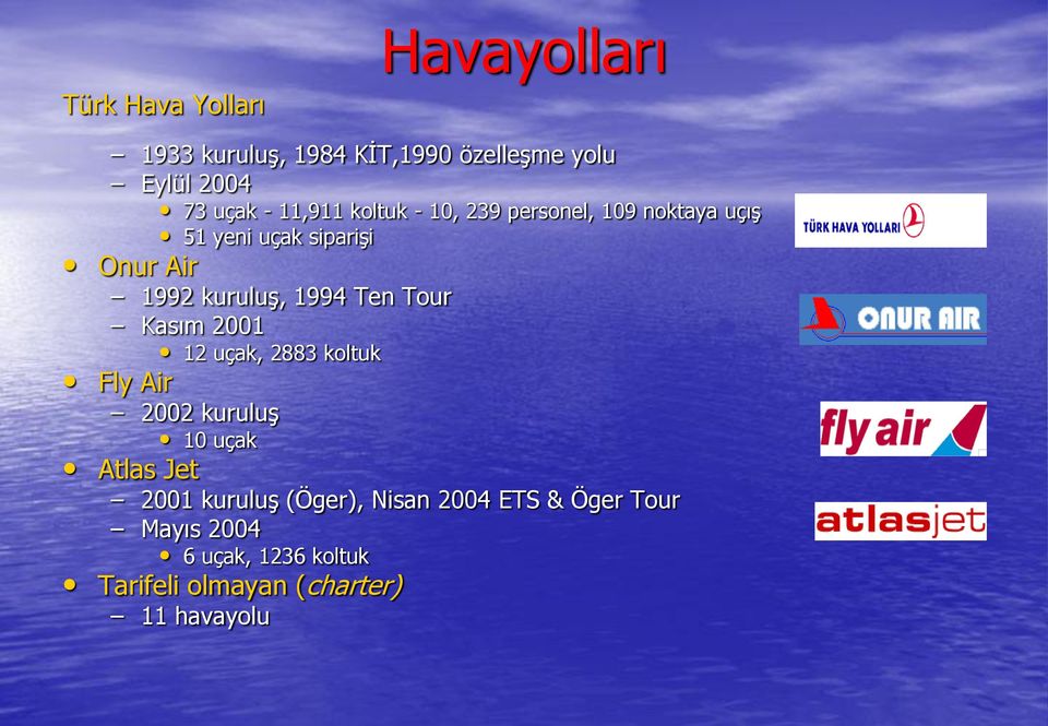 1994 Ten Tour Kasım 2001 12 uçak, 2883 koltuk Fly Air 2002 kuruluş 10 uçak Atlas Jet 2001 kuruluş