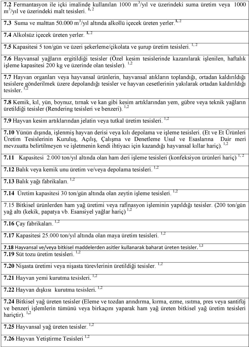 4 Alkolsüz içecek üreten yerler. 1, 2 7.5 Kapasitesi 5 ton/gün ve üzeri şekerleme/çikolata ve şurup üretim tesisleri. 1, 2 7.6 Hayvansal yağların ergitildiği tesisler (Özel kesim tesislerinde kazanılarak işlenilen, haftalık işleme kapasitesi 200 kg ve üzerinde olan tesisler).