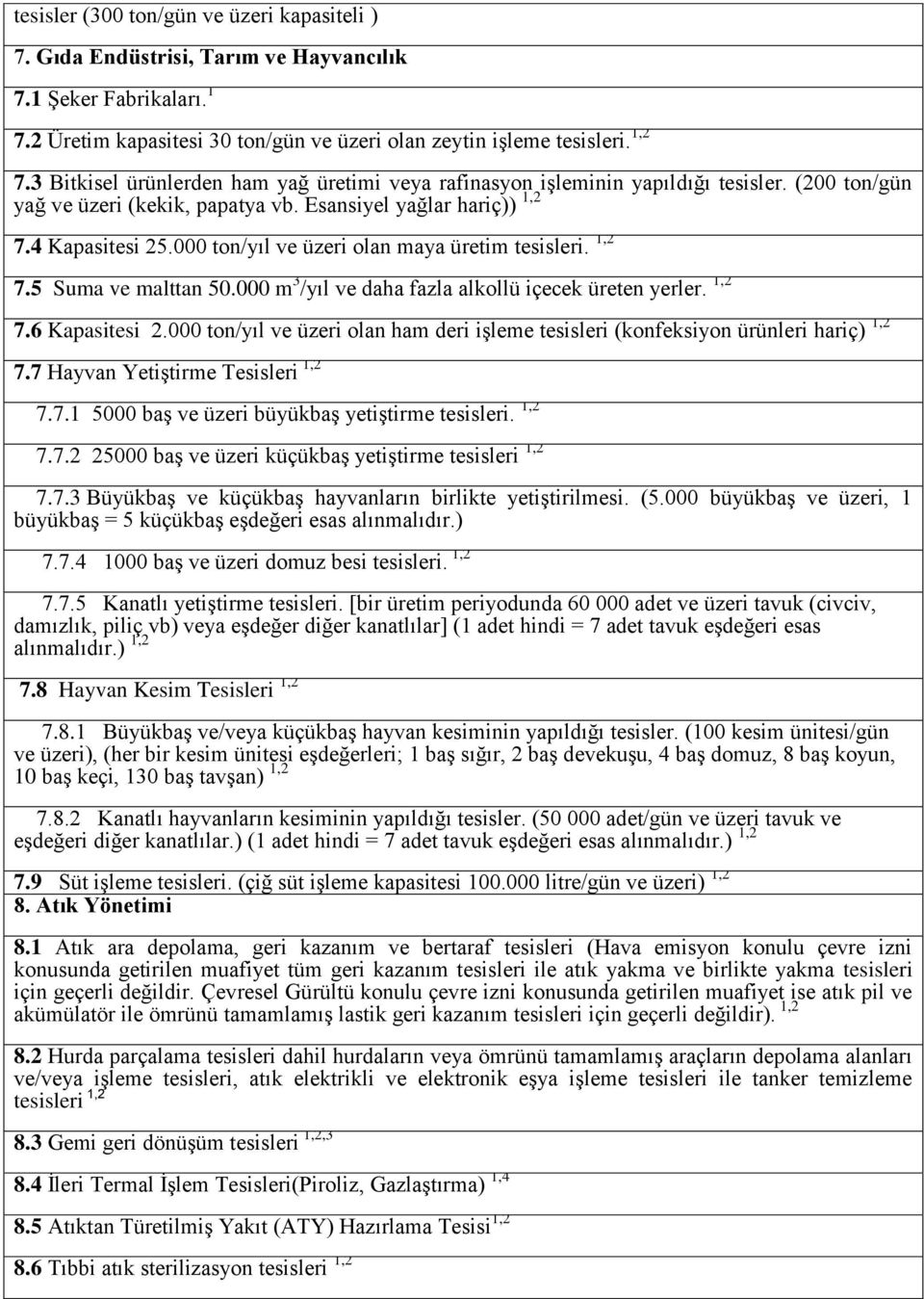 000 ton/yıl ve üzeri olan maya üretim tesisleri. 1,2 7.5 Suma ve malttan 50.000 m 3 /yıl ve daha fazla alkollü içecek üreten yerler. 1,2 7.6 Kapasitesi 2.