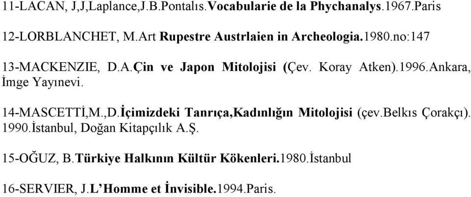 1996.Ankara, Đmge Yayınevi. 14-MASCETTĐ,M.,D.Đçimizdeki Tanrıça,Kadınlığın Mitolojisi (çev.belkıs Çorakçı). 1990.