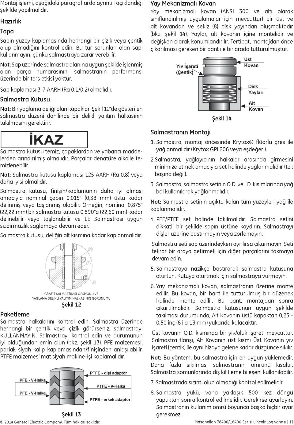 Not: Sap üzerinde salmastra alanına uygun şekilde işlenmiş olan parça numarasının, salmastranın performansı üzerinde bir ters etkisi yoktur. Sap kaplaması 3-7 AARH (Ra 0,1/0,2) olmalıdır.