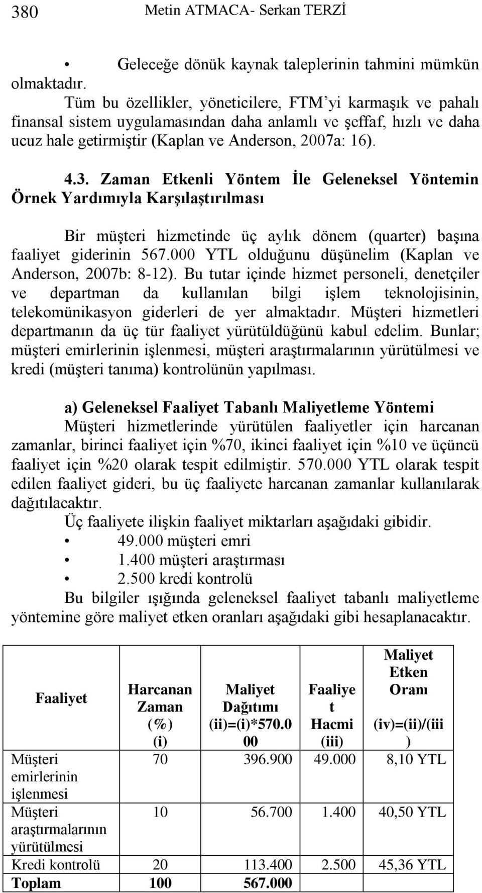 Zaman Etkenli Yöntem İle Geleneksel Yöntemin Örnek Yardımıyla Karşılaştırılması Bir müşteri hizmetinde üç aylık dönem (quarter) başına faaliyet giderinin 567.