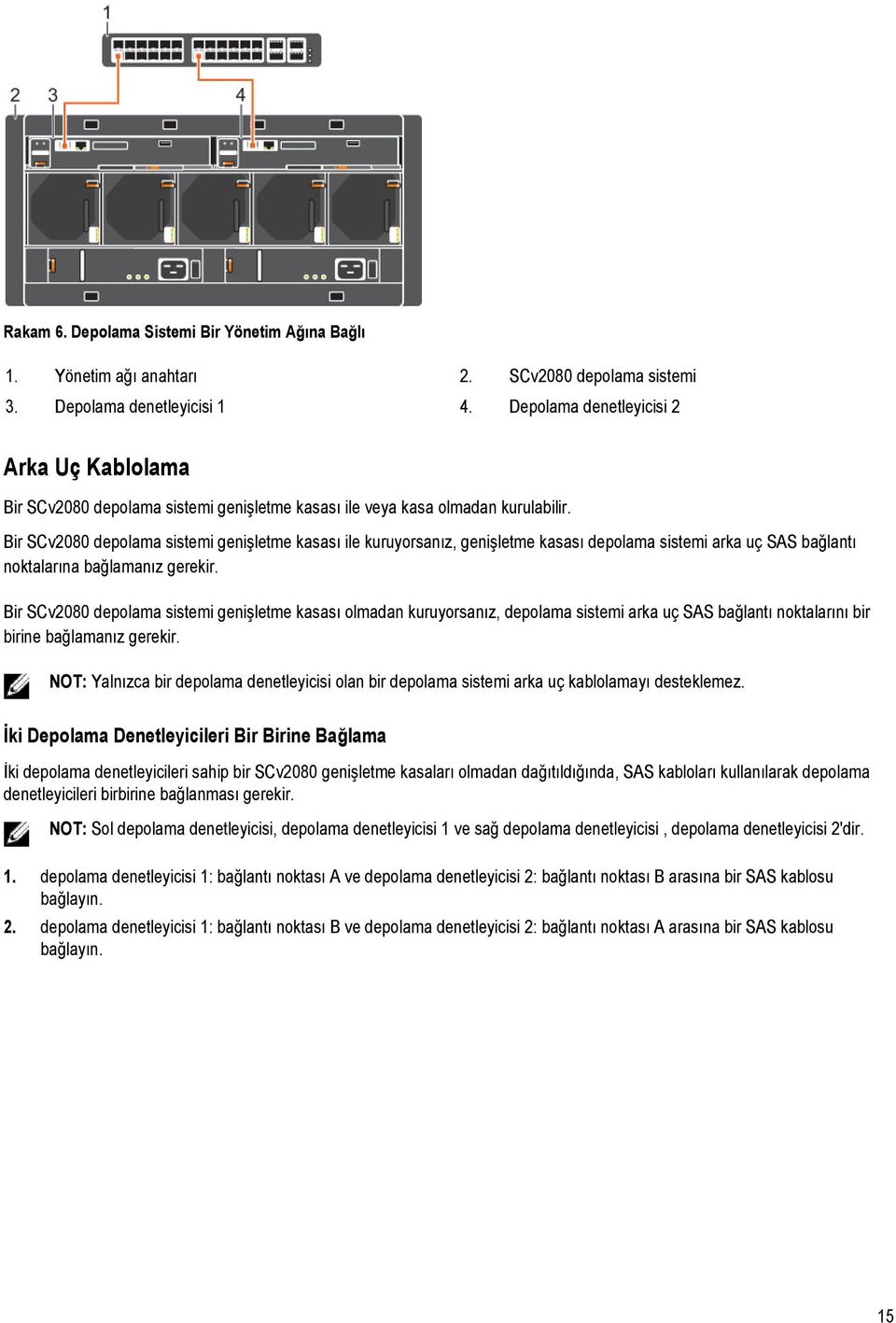 Bir SCv2080 depolama sistemi genişletme kasası ile kuruyorsanız, genişletme kasası depolama sistemi arka uç SAS bağlantı noktalarına bağlamanız gerekir.