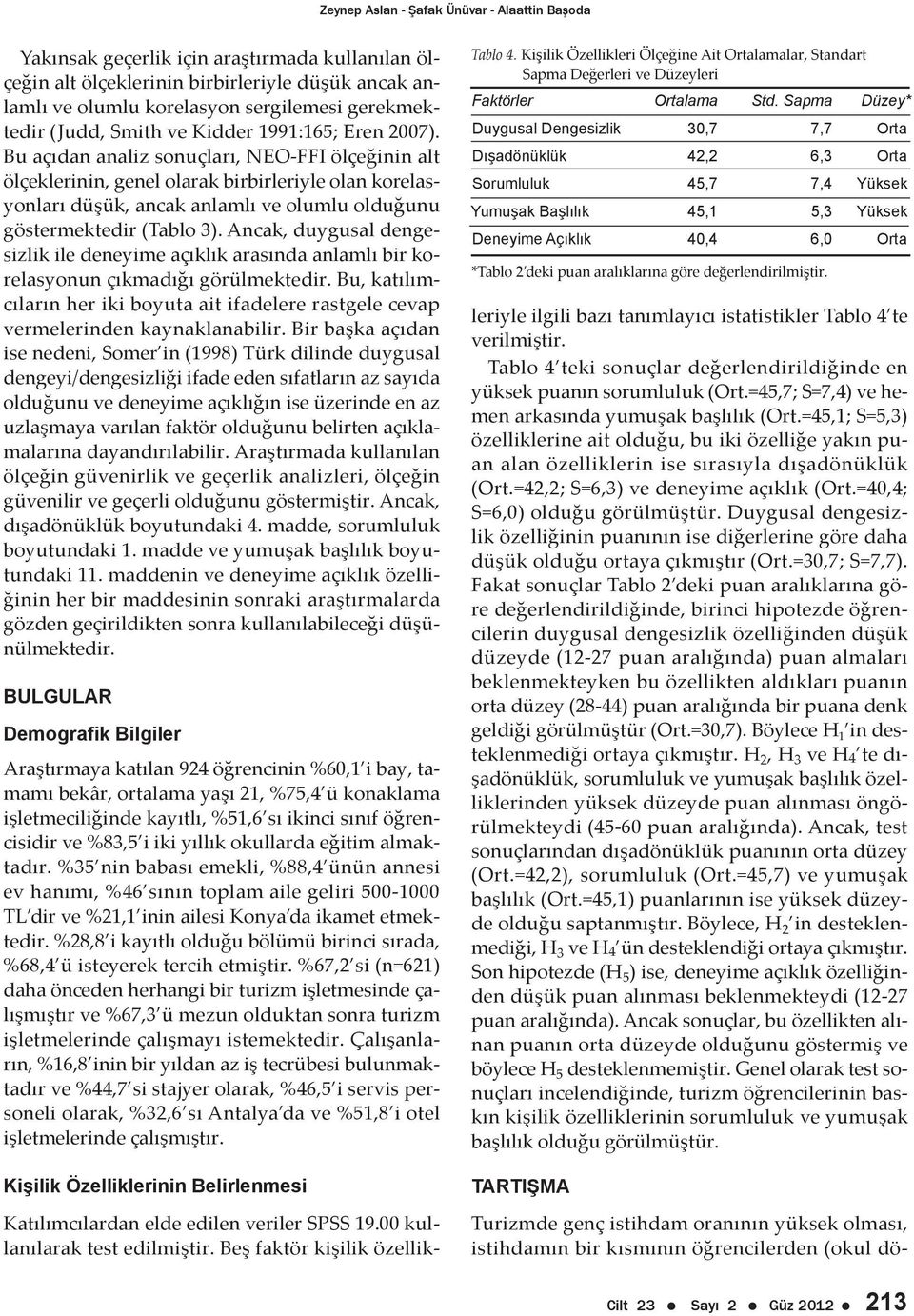 Bu açıdan analiz sonuçları, NEO-FFI ölçeğinin alt ölçeklerinin, genel olarak birbirleriyle olan korelasyonları düşük, ancak anlamlı ve olumlu olduğunu göstermektedir (Tablo 3).