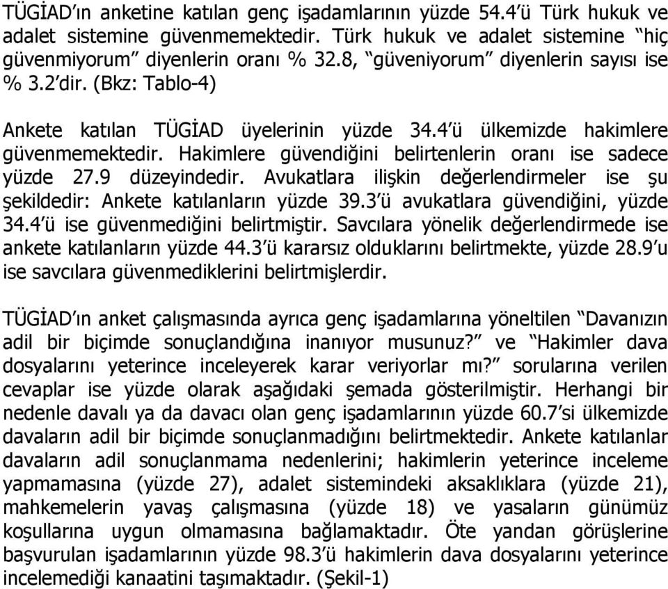 Hakimlere güvendiğini belirtenlerin oranı ise sadece yüzde 27.9 düzeyindedir. Avukatlara ilişkin değerlendirmeler ise şu şekildedir: Ankete katılanların yüzde 39.3 ü avukatlara güvendiğini, yüzde 34.