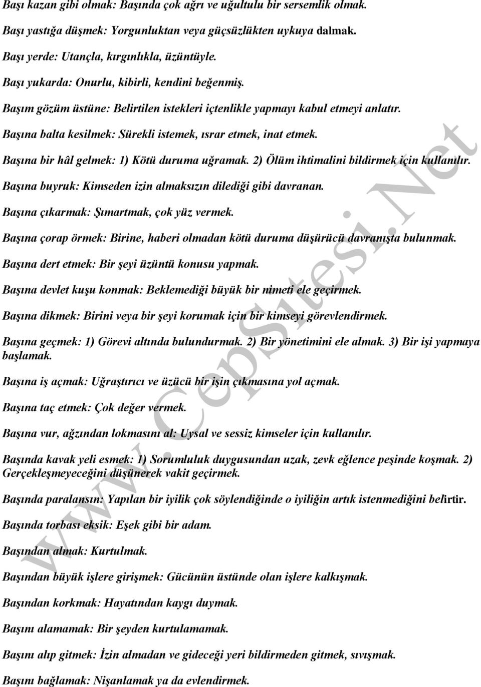 Başına bir hâl gelmek: 1) Kötü duruma uğramak. 2) Ölüm ihtimalini bildirmek için kullanılır. Başına buyruk: Kimseden izin almaksızın dilediği gibi davranan. Başına çıkarmak: Şımartmak, çok yüz vermek.