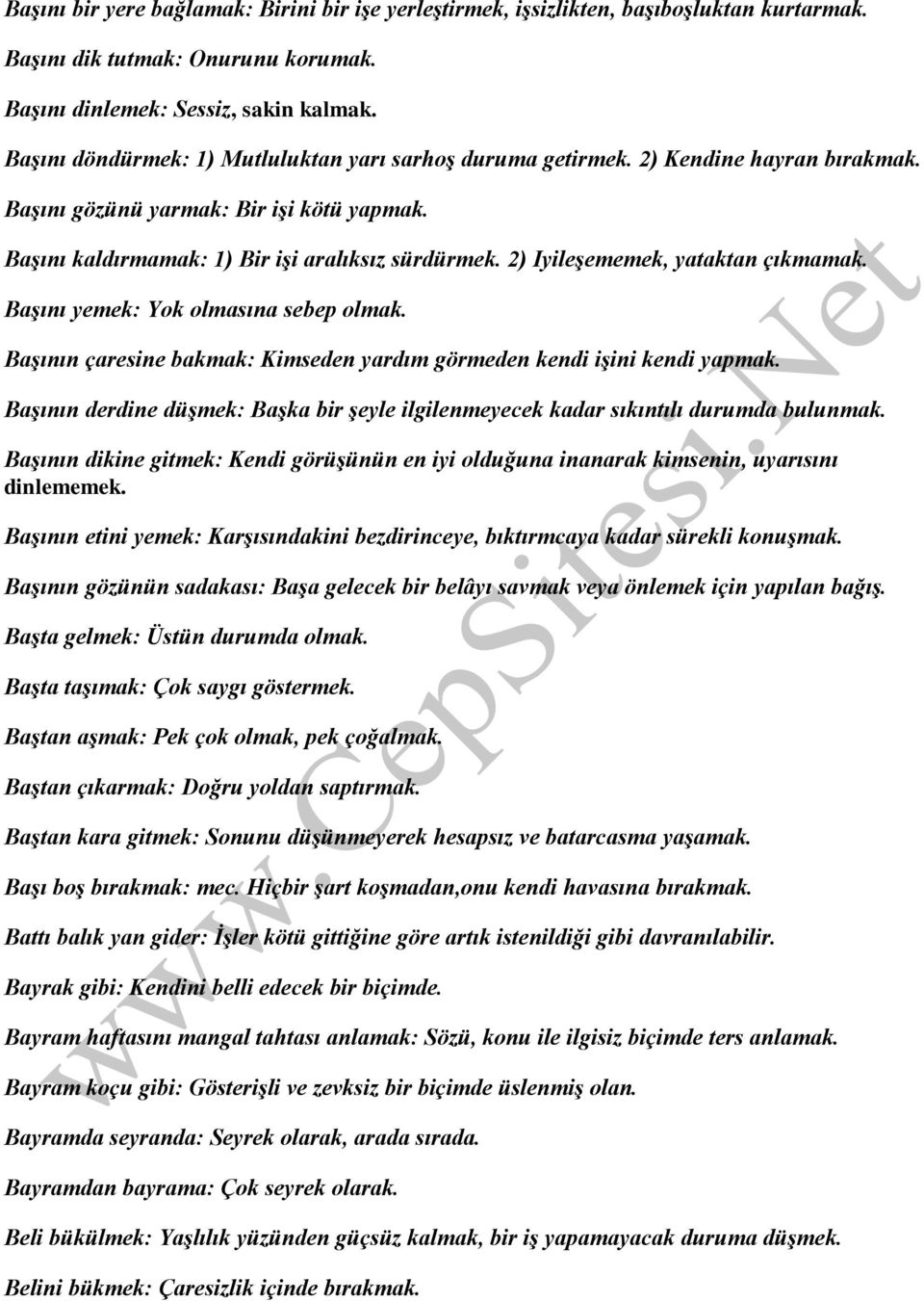 2) Iyileşememek, yataktan çıkmamak. Başını yemek: Yok olmasına sebep olmak. Başının çaresine bakmak: Kimseden yardım görmeden kendi işini kendi yapmak.