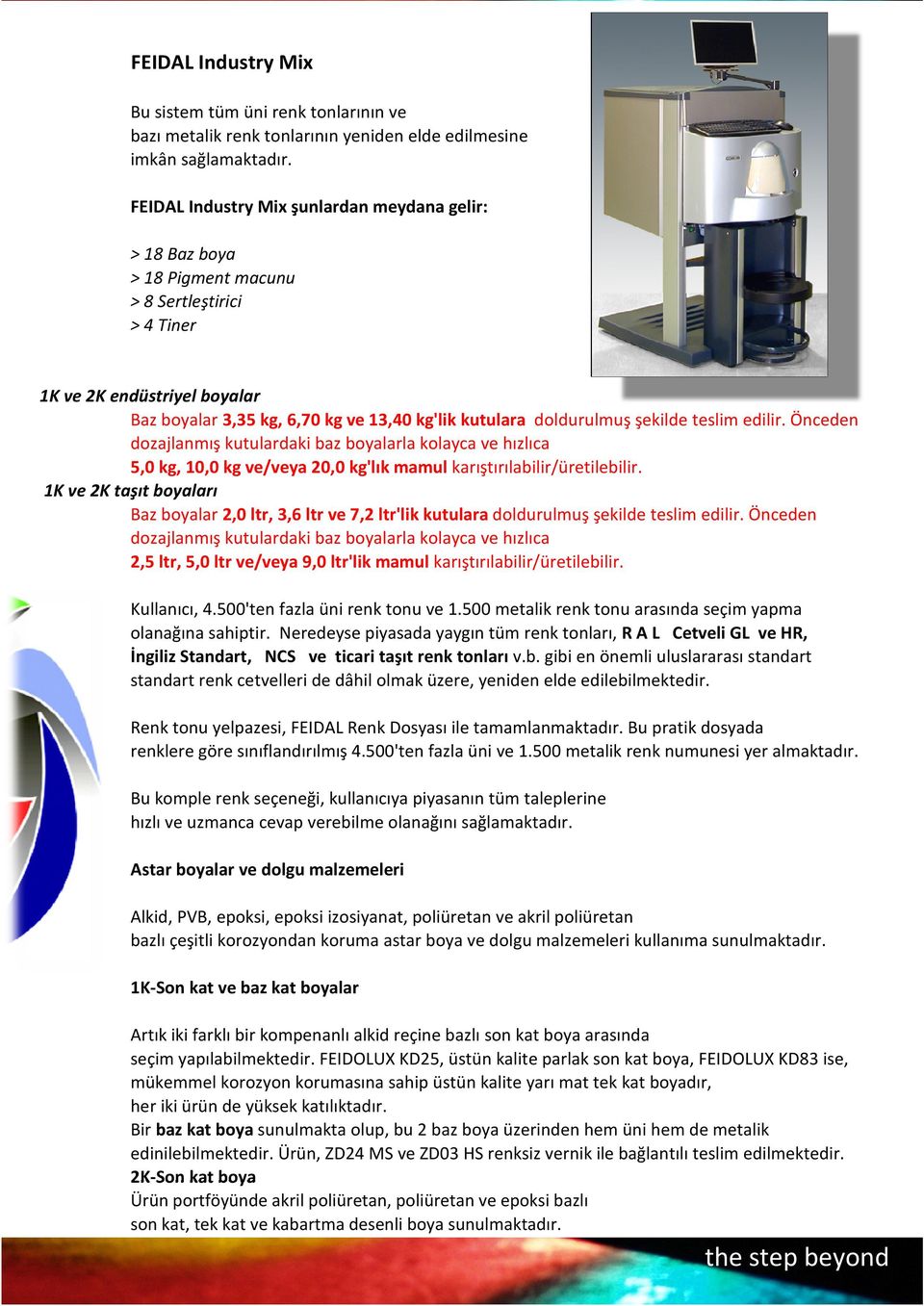 doldurulmuş şekilde teslim edilir. Önceden dozajlanmış kutulardaki baz boyalarla kolayca ve hızlıca 5,0 kg, 10,0 kg ve/veya 20,0 kg'lık mamul karıştırılabilir/üretilebilir.