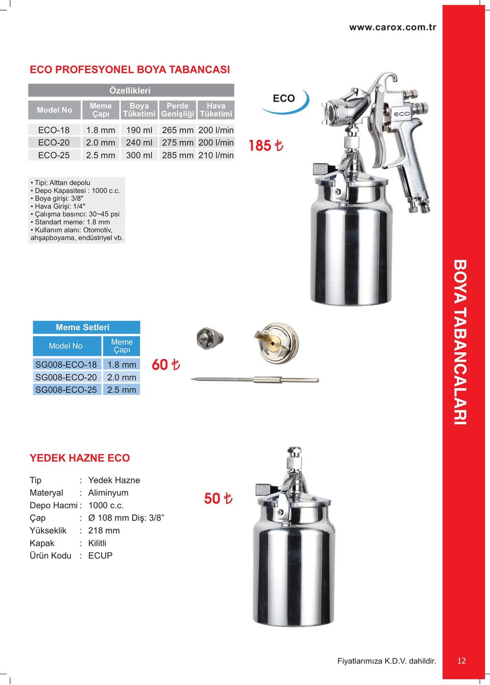 c. Boya girişi: 3/8" Hava Girişi: 1/4" Çalışma basıncı: 30~45 psi Standart meme: Kullanım alanı: Otomotiv, ahşapboyama, endüstriyel vb.