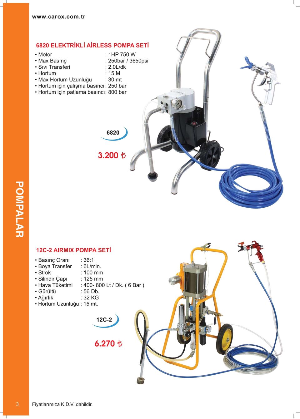 basıncı: 800 bar 6820 3.200 POMPALAR 12C-2 AIRMIX POMPA SETİ Basınç Oranı : 36:1 Boya Transfer : 6L/min.