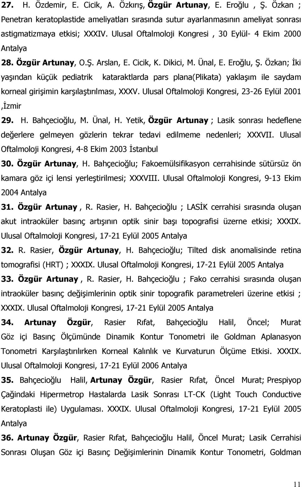 Özkan; İki yaşından küçük pediatrik kataraktlarda pars plana(plikata) yaklaşım ile saydam korneal girişimin karşılaştırılması, XXXV. Ulusal Oftalmoloji Kongresi, 23-26 Eylül 2001,İzmir 29. H.