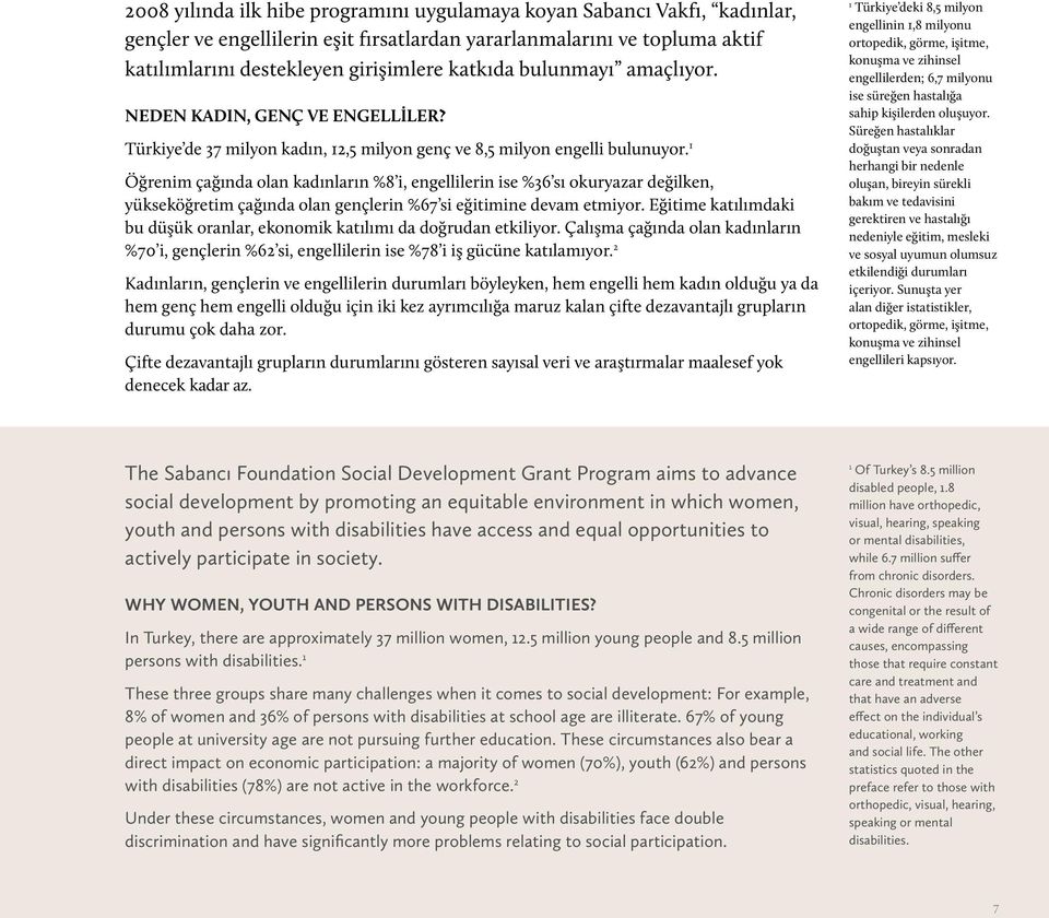 1 Öğrenim çağında olan kadınların %8 i, engellilerin ise %36 sı okuryazar değilken, yükseköğretim çağında olan gençlerin %67 si eğitimine devam etmiyor.