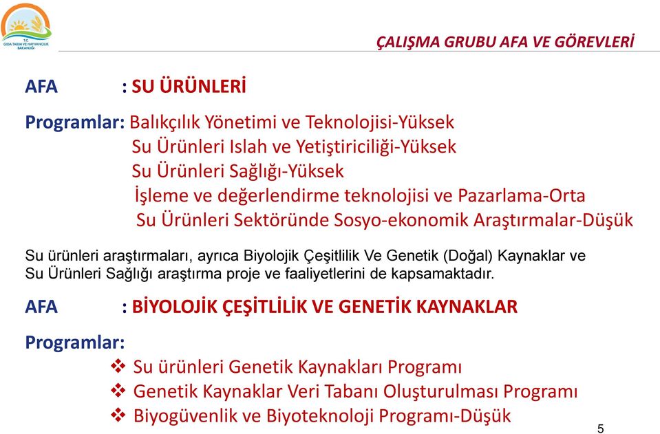 Biyolojik Çeşitlilik Ve Genetik (Doğal) Kaynaklar ve Su Ürünleri Sağlığı araştırma proje ve faaliyetlerini de kapsamaktadır.